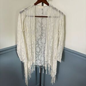 4 Love and Liberty Velour Floral Print Beaded Fringe Trim Open Front Cardigan XS